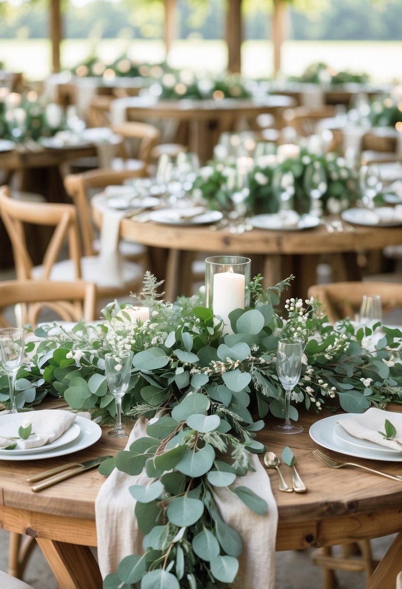 Round wooden wedding tables decorated with eucalyptus garlands draped across the center, set with plates and glassware.