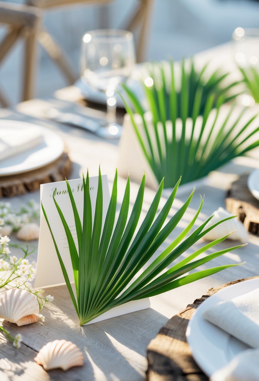 A wedding table decorated with green palm leaves used as place cards, surrounded by seashells and simple beach-themed decorations.
