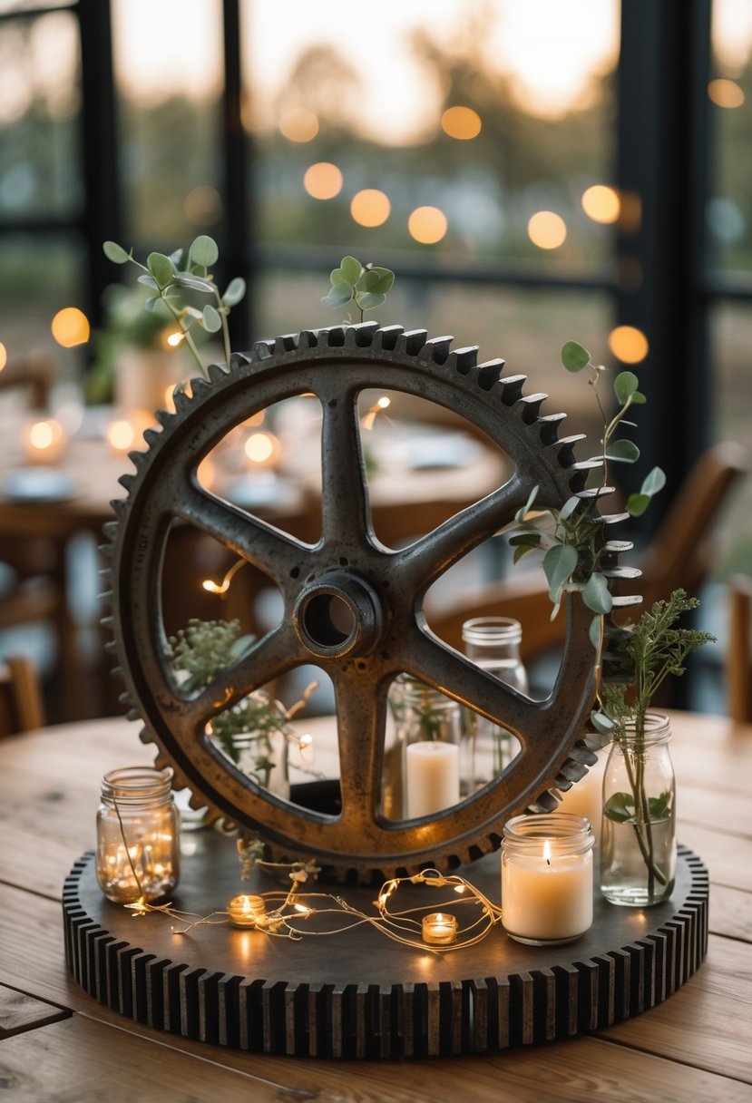 A wedding table centerpiece featuring a large metal cogwheel base decorated with small glass jars, green foliage, and candles on a wooden table.