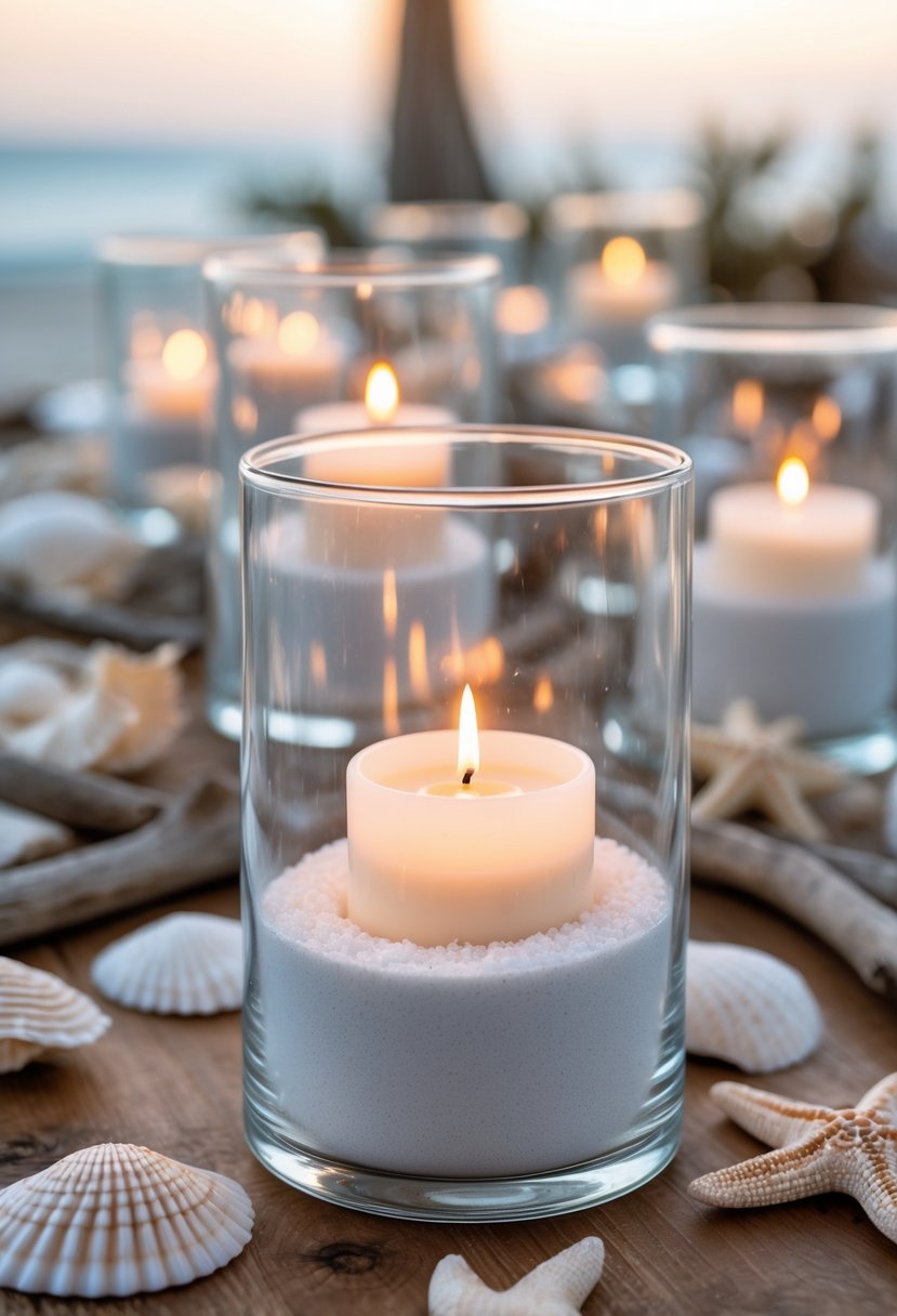 White sand-filled glass vases with floating candles arranged on a wooden table with seashells and beach decor.