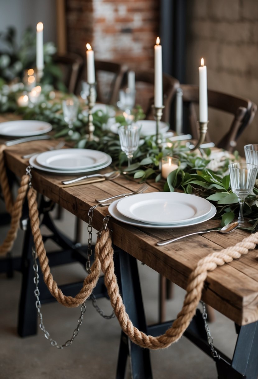 Wedding table decorated with chains and rope garlands on a wooden surface with plates and silverware.
