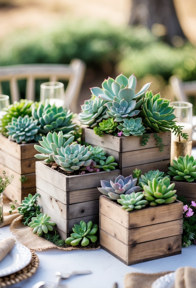 A round wedding table decorated with wooden boxes filled with various succulent plants and rustic accents.