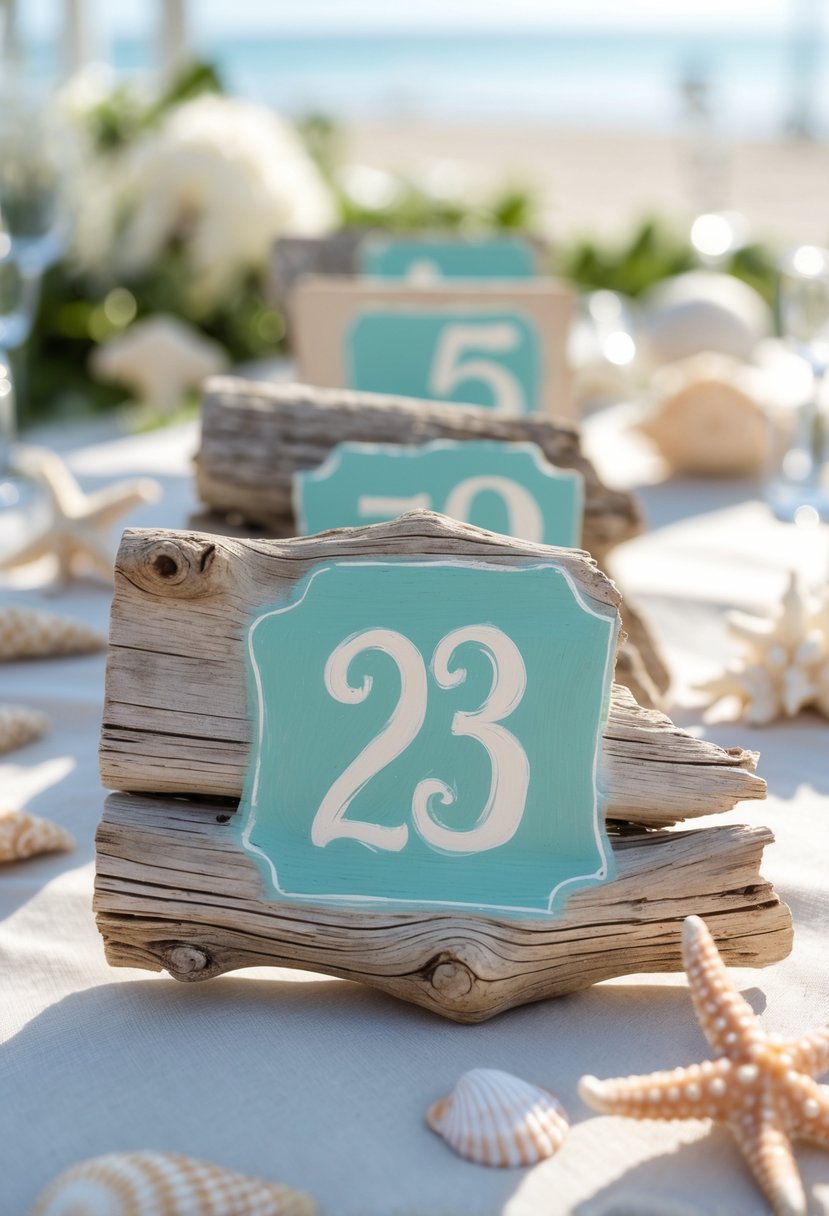 Driftwood pieces painted with numbers arranged on a table surrounded by seashells and coastal wedding decorations.
