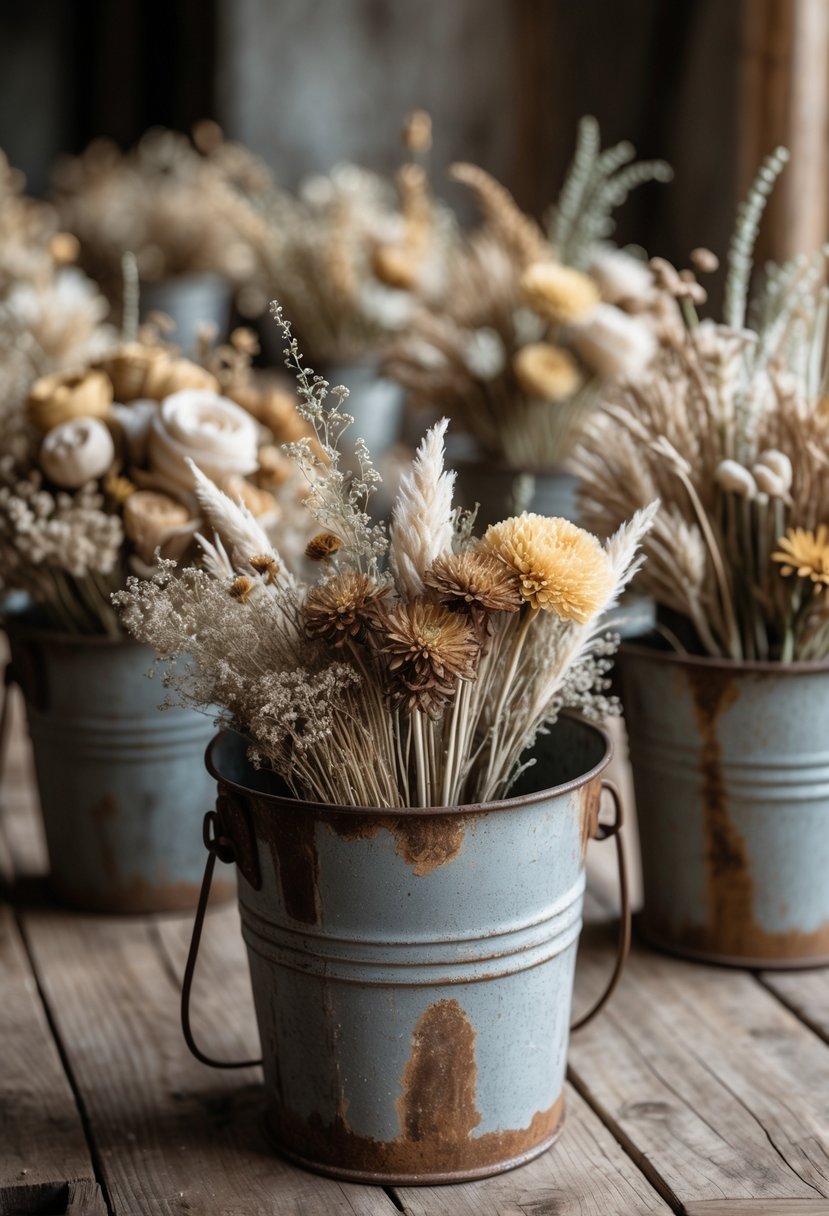 Rusted metal buckets filled with dried flowers arranged on a wooden table as wedding decorations.