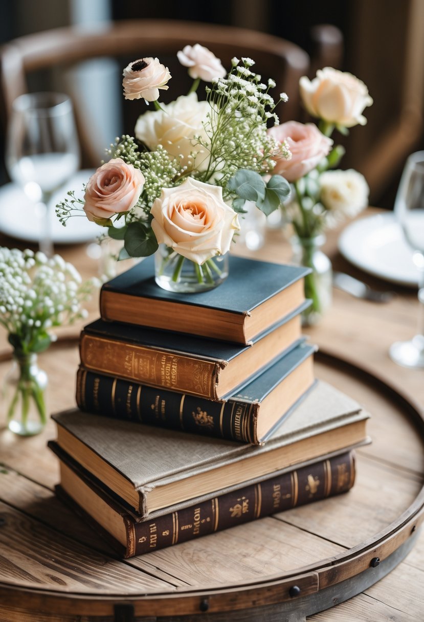 A round wooden wedding table decorated with stacks of vintage books and small flower vases containing pastel-colored blooms.