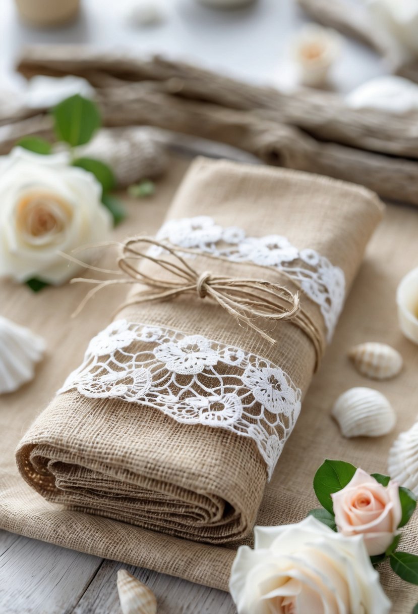 A wedding table with napkins wrapped in burlap and lace tied with twine, decorated with seashells and flowers.