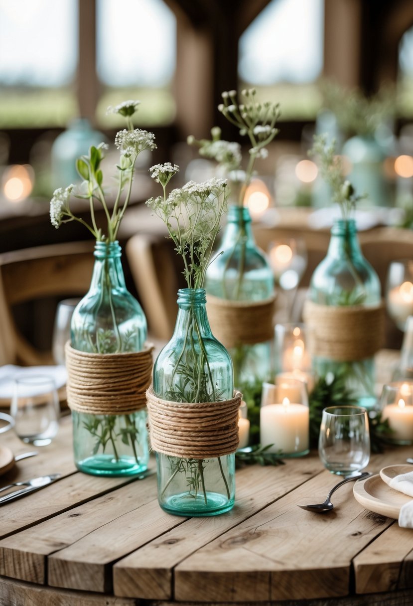 Round wooden wedding table decorated with twine-wrapped glass bottles holding wildflowers and greenery.
