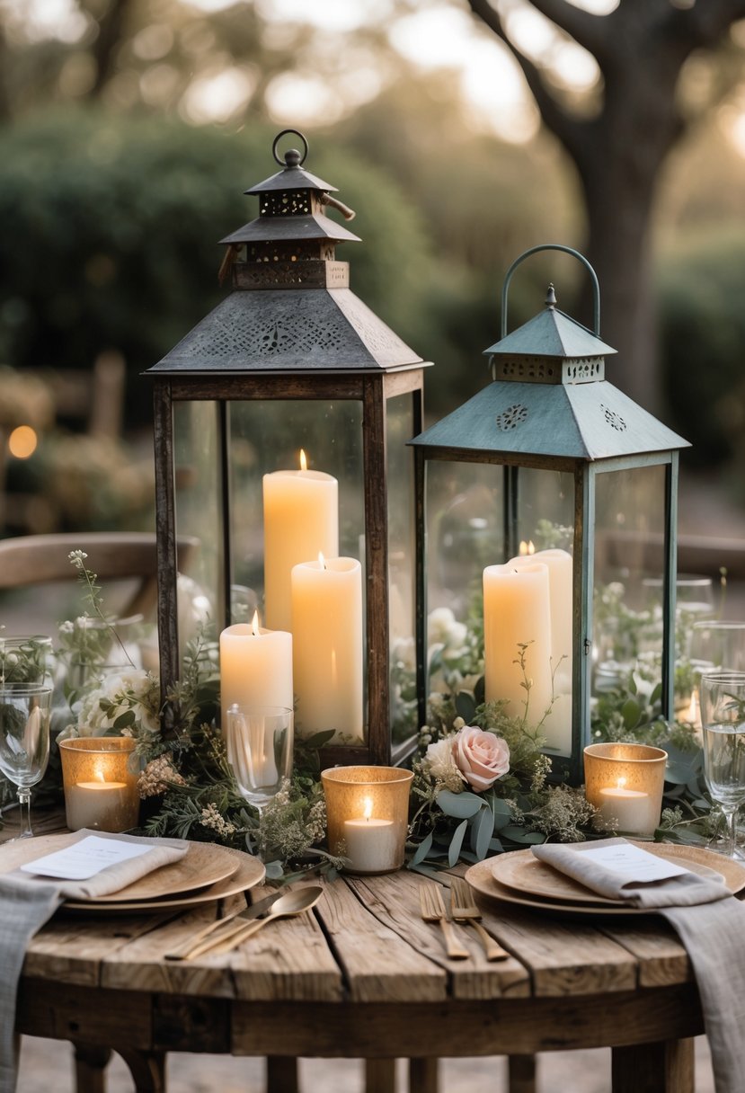 A round wooden wedding table decorated with antique lanterns holding lit pillar candles and surrounded by greenery and flowers.