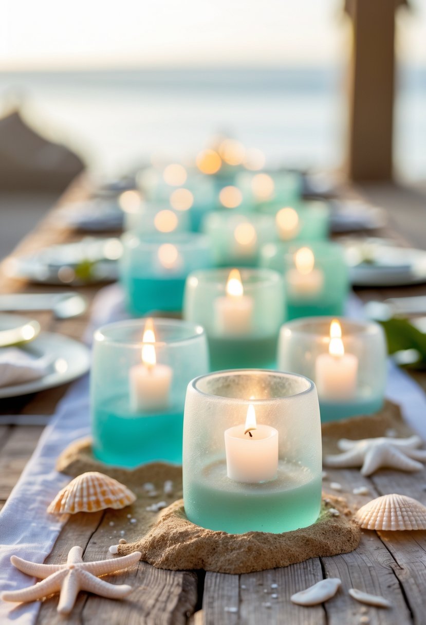 A table decorated with pastel-colored beach glass votive candle holders surrounded by seashells and starfish.