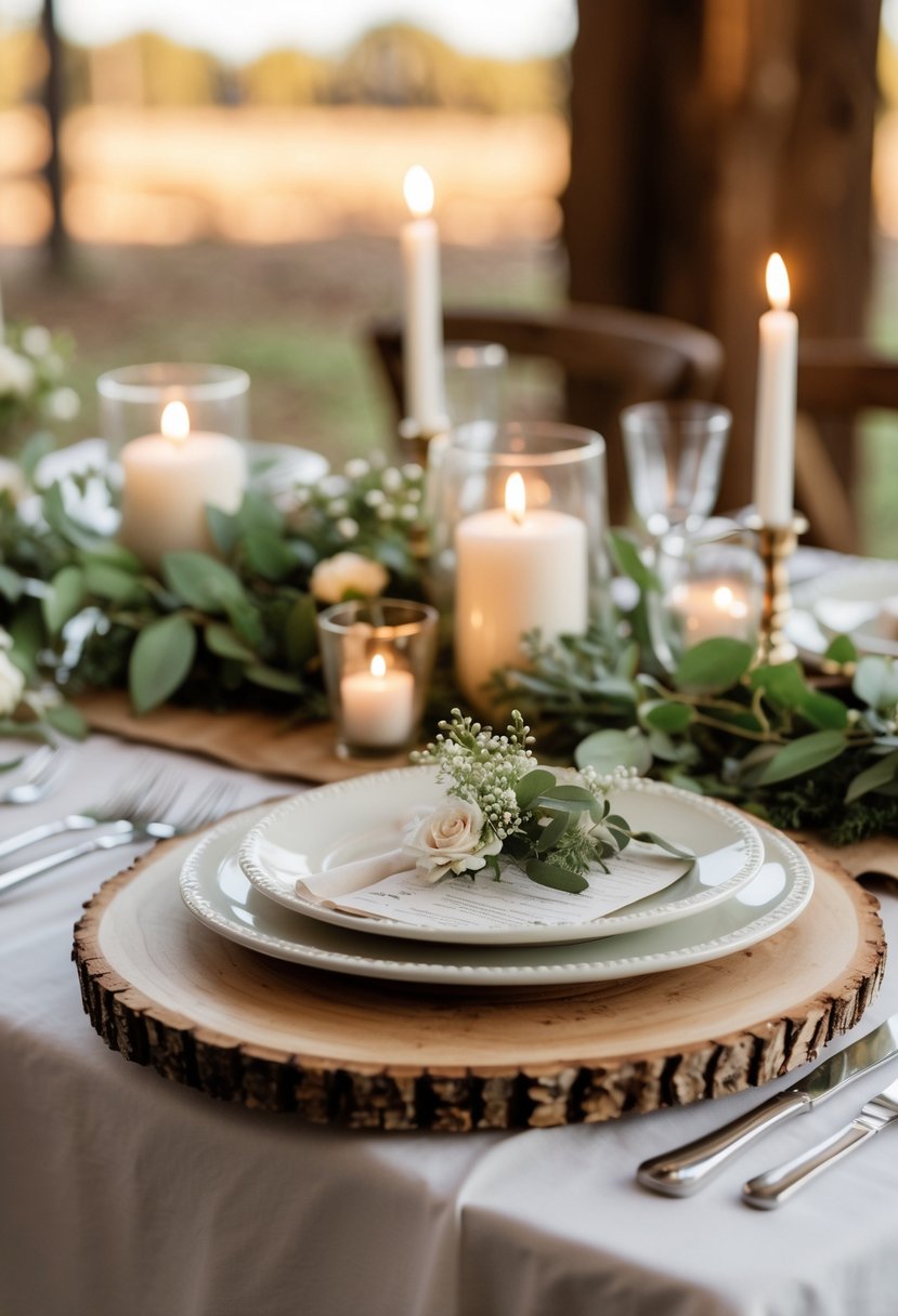 A wedding table with round wood slice chargers under white plates, decorated with greenery and candles.
