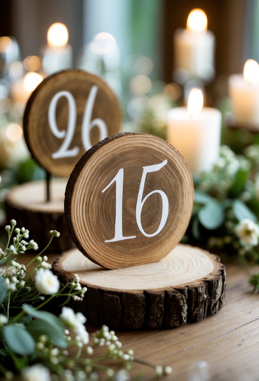 Round wooden table numbers on a wooden table surrounded by wedding decorations including greenery and flowers.