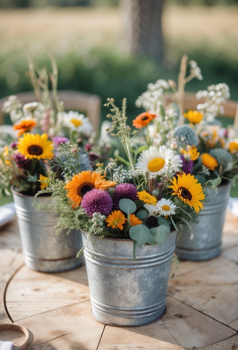 Rustic metal buckets filled with colorful seasonal flowers arranged on a round wooden table outdoors.