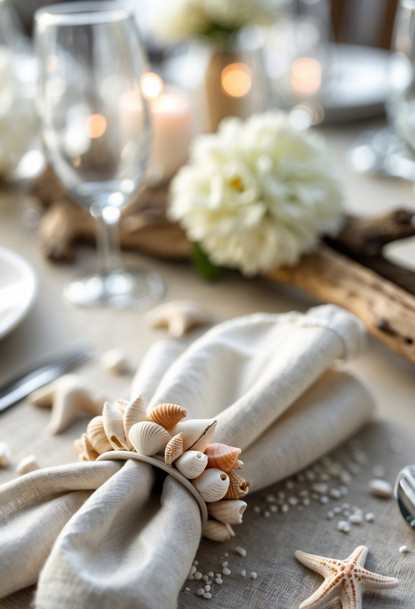 Close-up of napkins with shell-decorated rings on a wedding table with coastal decorations.