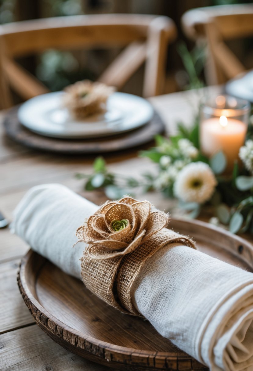 Close-up of burlap napkin rings with burlap flowers on a wooden table with white napkins and greenery.