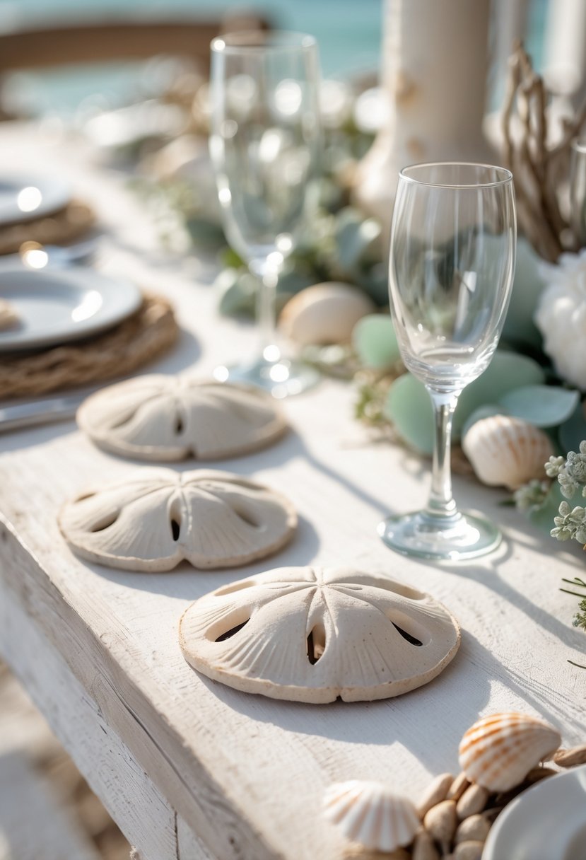 A coastal wedding table with sand dollars used as coasters beneath glasses, surrounded by seashells and greenery on a wooden surface.