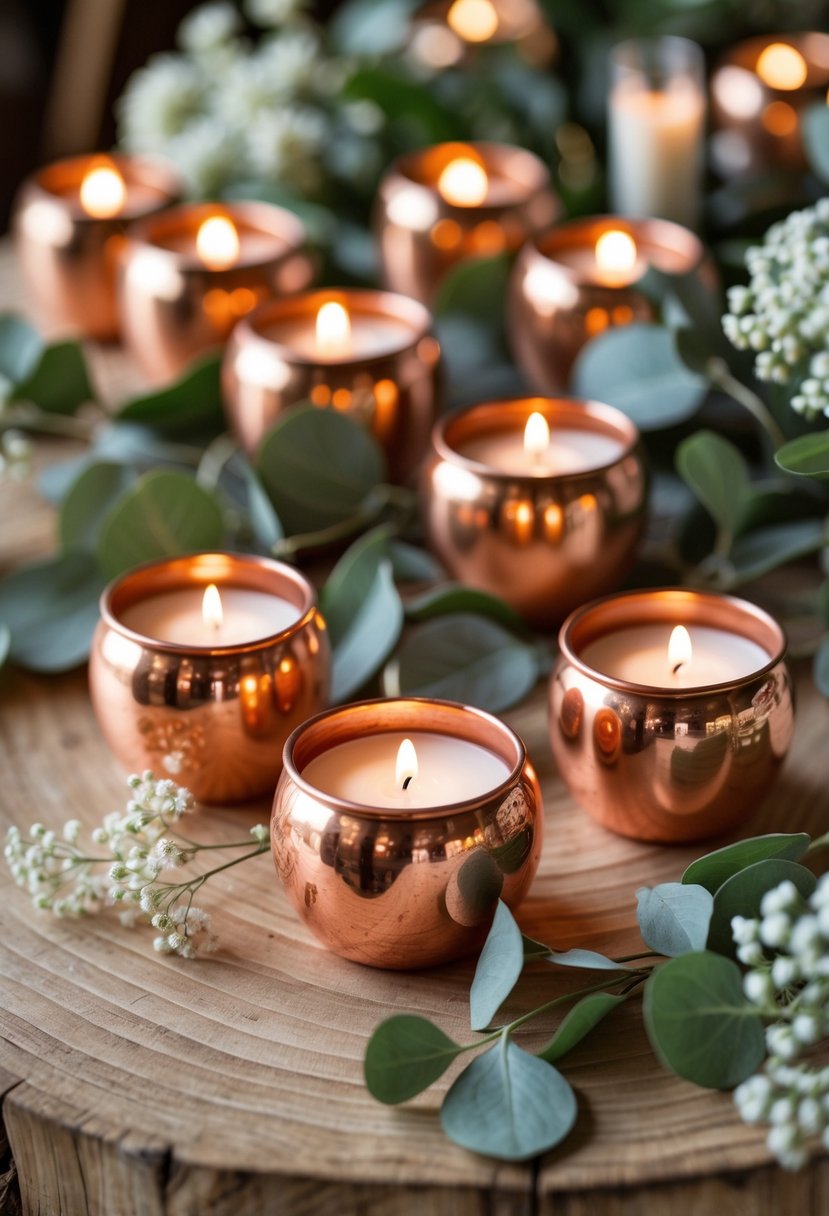 Copper votive candle holders with lit candles arranged on a round wooden table decorated with greenery and white flowers.