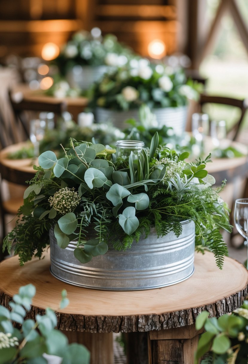 Galvanized metal tubs filled with green plants arranged on round wooden tables as wedding decorations.
