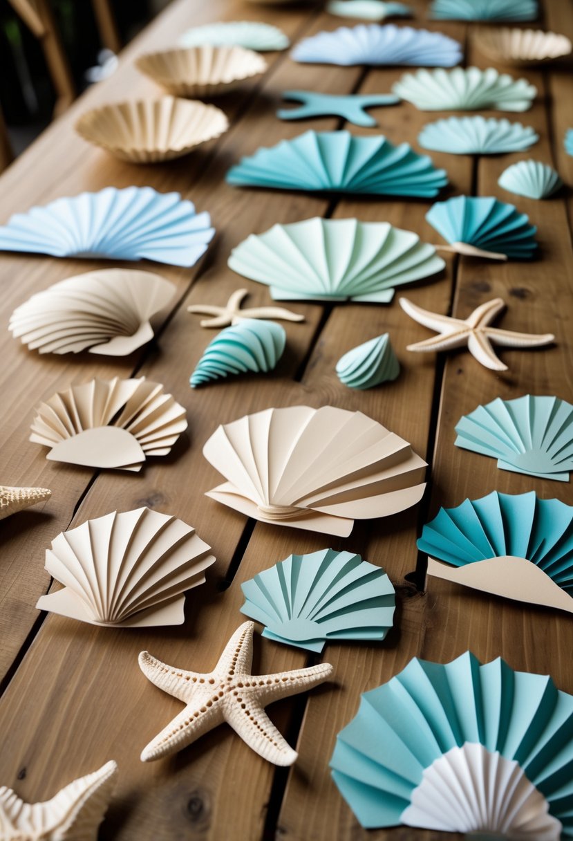 Sea-inspired paper cutouts of shells, starfish, and coral scattered on wooden tables as wedding decorations.
