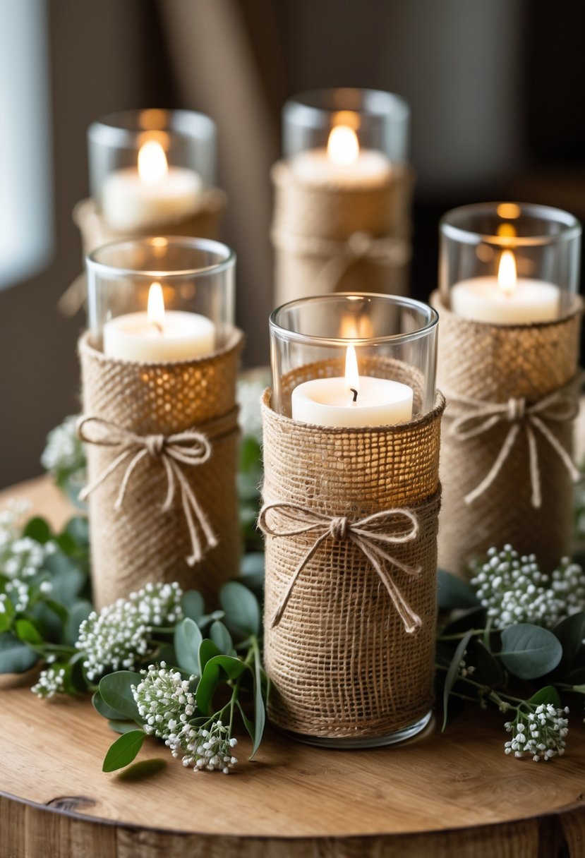 Round wooden table decorated with candle holders wrapped in hessian fabric, lit candles, greenery, and small white flowers.