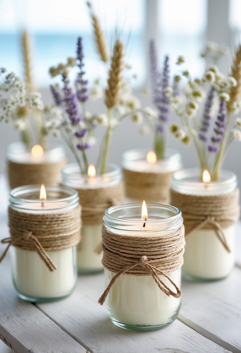 Several glass candle jars wrapped with twine and decorated with dried flowers arranged on a wooden table.