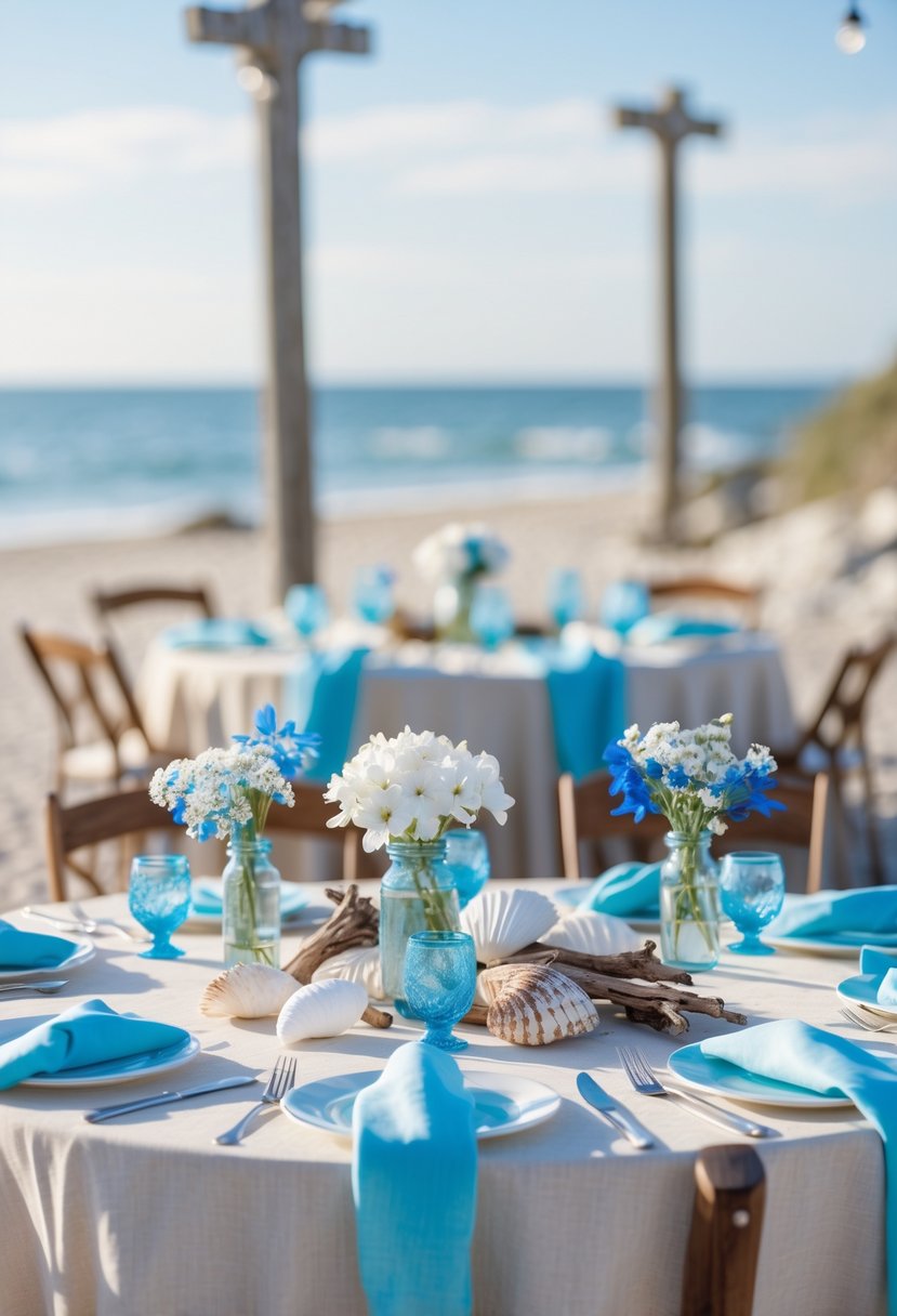A wedding table outdoors near the ocean with natural cotton tablecloths featuring blue accents and simple coastal decorations.