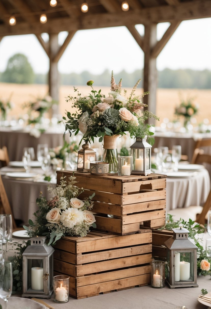 Round wedding tables with wooden crates used as centerpiece bases, decorated with flowers, candles, and greenery.