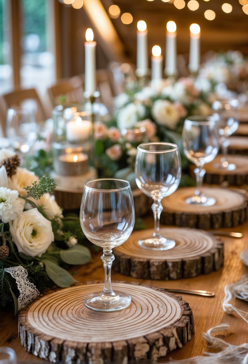 Round wooden log slice coasters on a decorated wedding table holding various drink glasses.