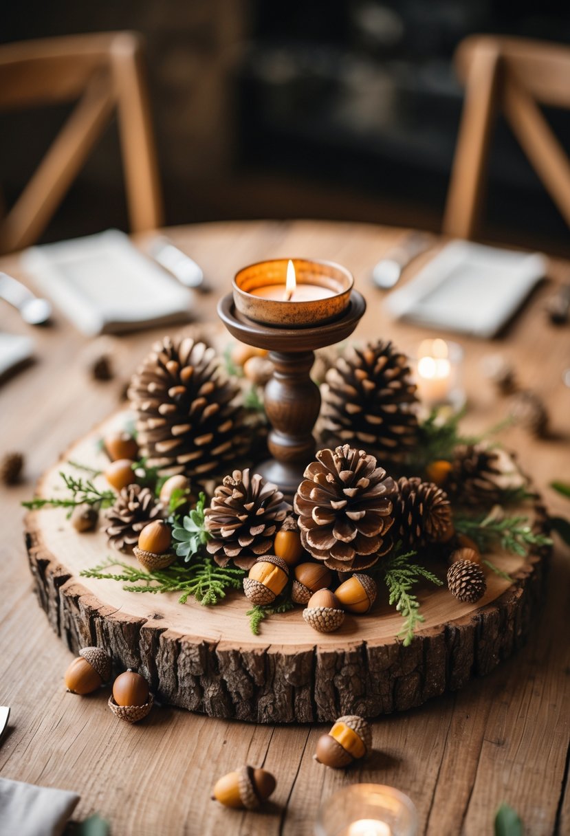 A rustic round wedding table with pinecones and acorns scattered around a centerpiece on a wooden surface.