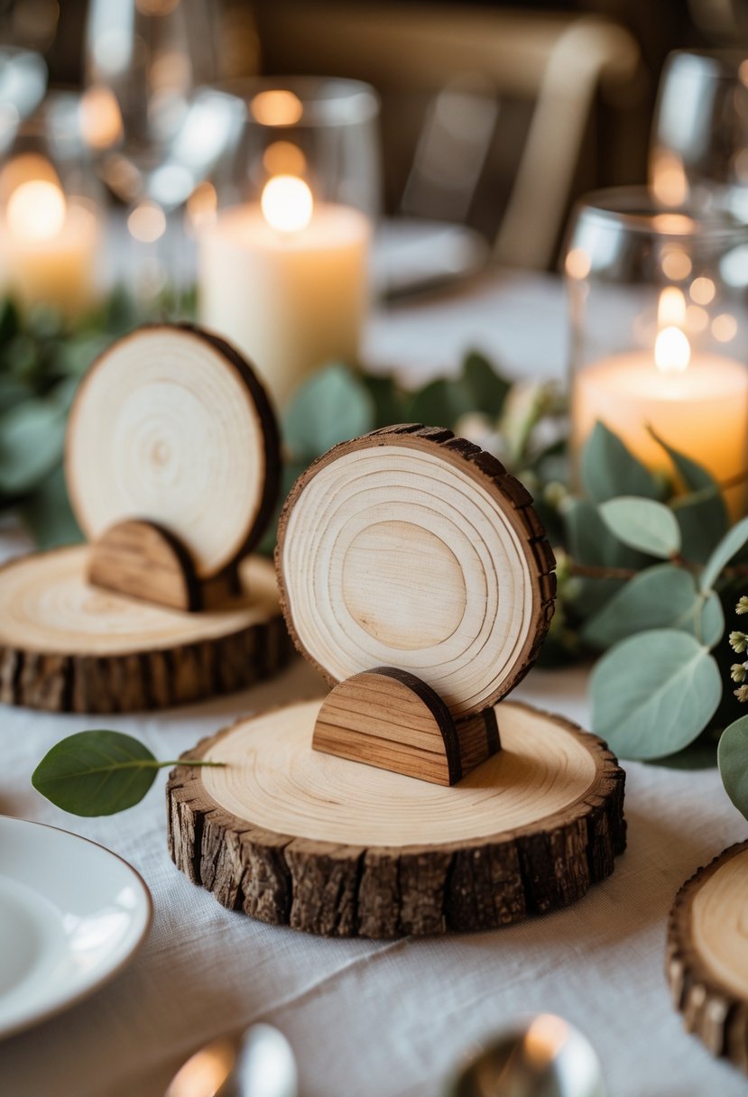 Handcrafted round wooden place card holders arranged on a decorated wedding table with greenery and flowers.