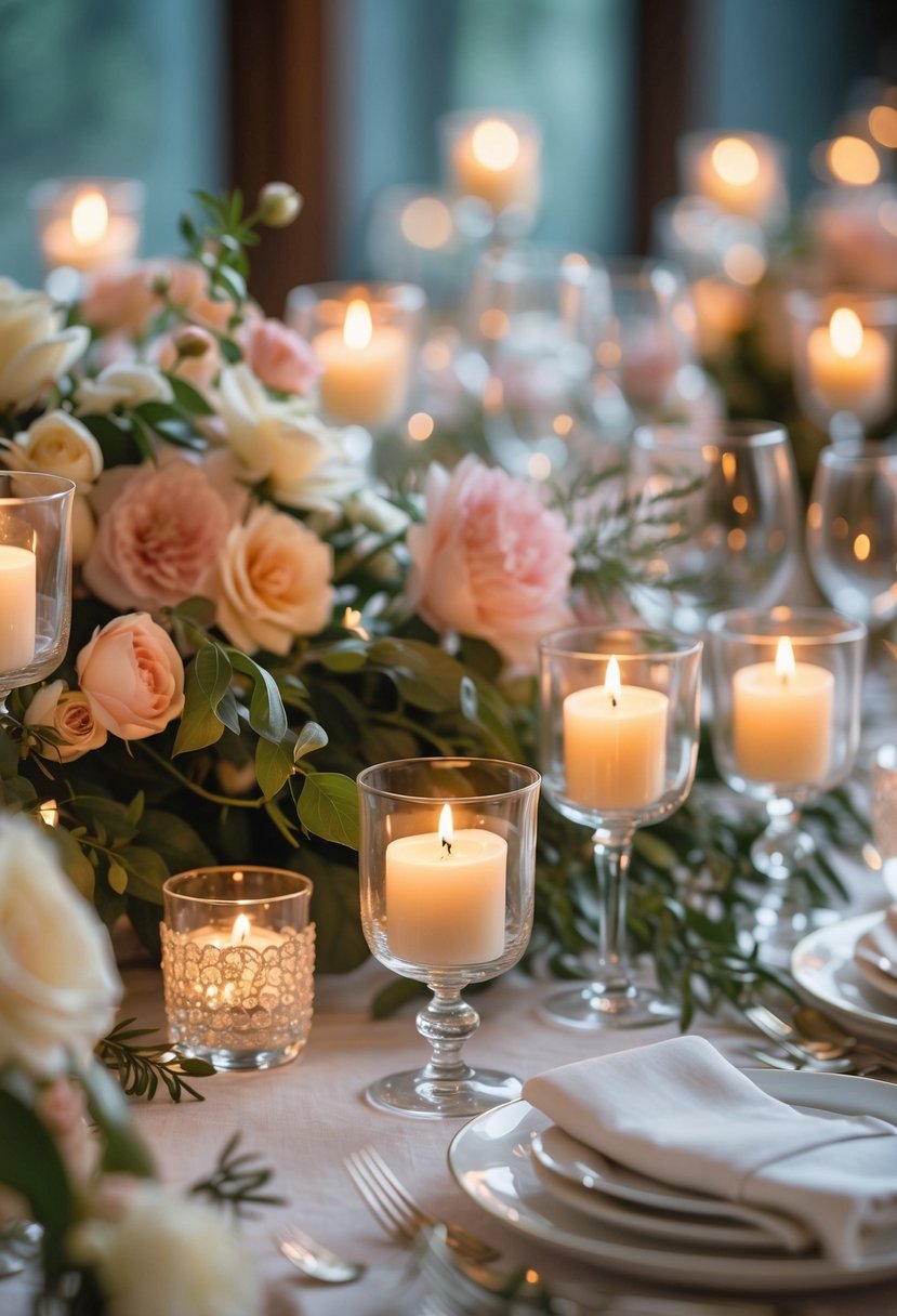 A round wedding table decorated with glass votive candles and floral arrangements, softly illuminated by candlelight.
