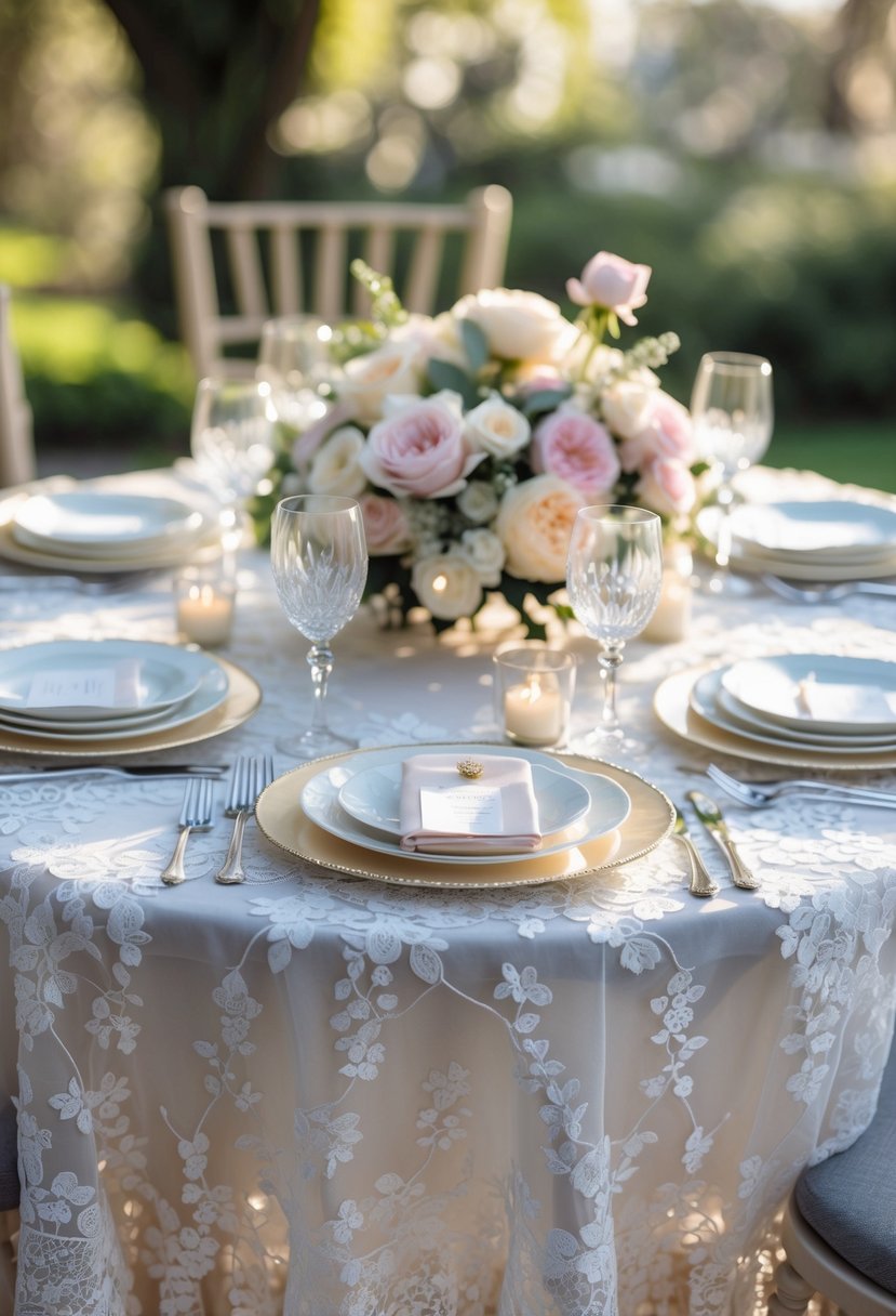 A round wedding table decorated with a delicate white lace table runner, floral centerpiece, candles, and place settings in an outdoor garden.