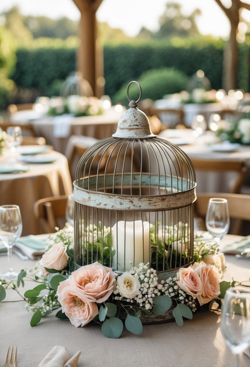 Round wedding tables with rustic birdcage centerpieces filled with flowers and greenery.