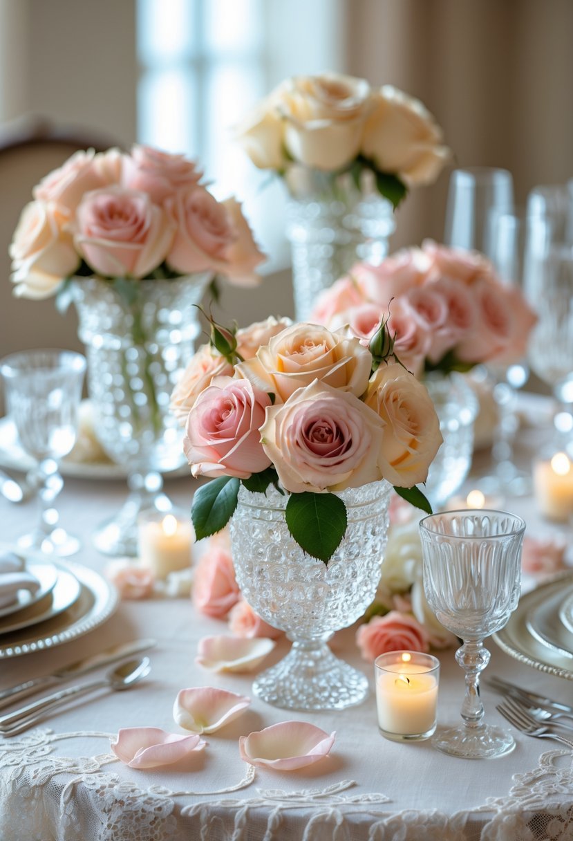 A round wedding table decorated with vintage crystal vases filled with pastel roses, surrounded by rose petals and candles.