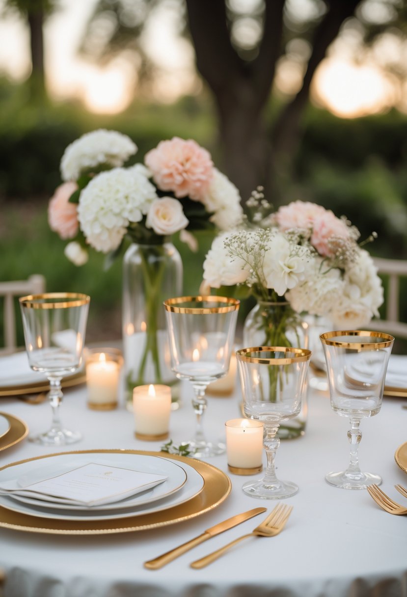A round wedding table set with gold-rimmed glassware, white and pink flowers, gold cutlery, and candles in a garden setting.