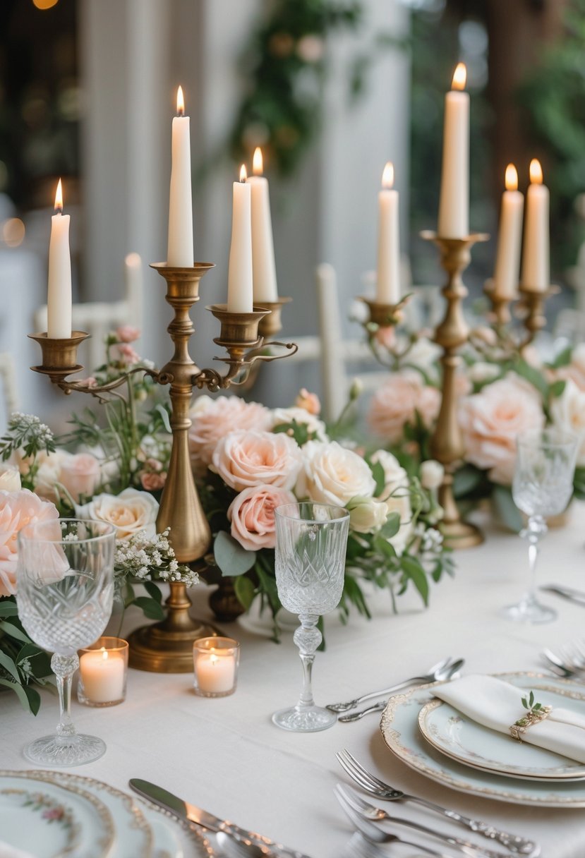 A round wedding table decorated with soft candlelight in vintage candle holders, floral arrangements, and elegant table settings.