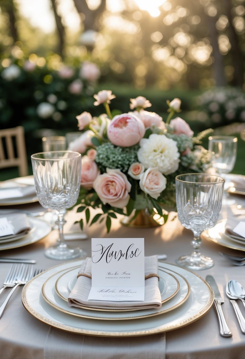 A round wedding table decorated with floral centerpieces, fine tableware, and elegant calligraphy place cards at each seat.