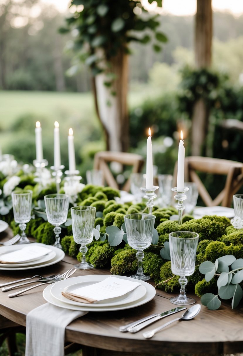 A round wedding table decorated with moss and eucalyptus garlands, set outdoors with candles, plates, and glassware.