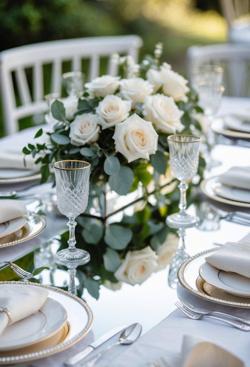 A round wedding table decorated with a mirrored table runner, floral arrangements, glassware, plates, and cutlery.