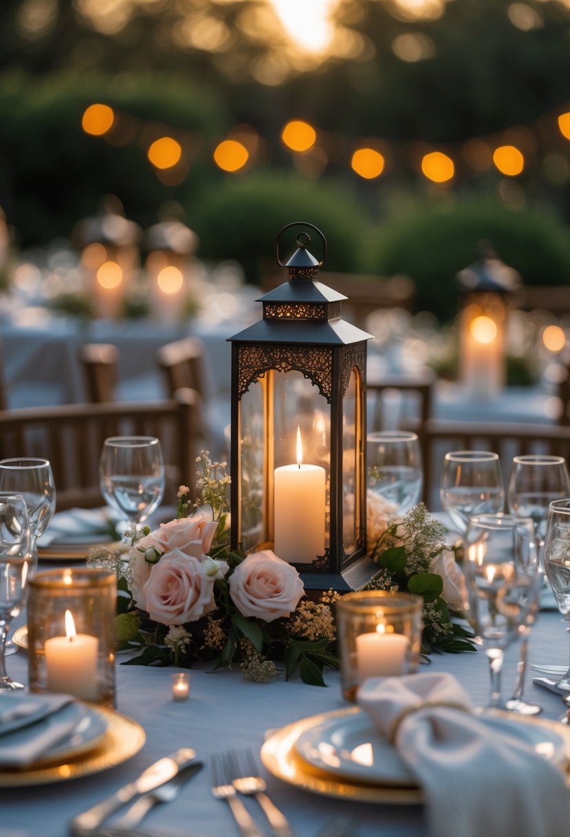 A round wedding table decorated with miniature lanterns holding flickering candles, surrounded by flowers and tableware.