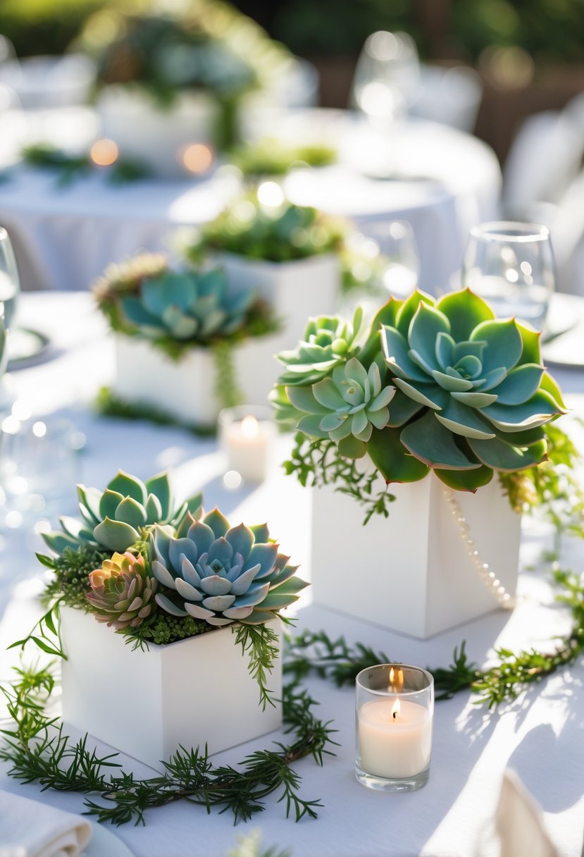 Round wedding tables decorated with low-profile succulent centerpieces and white table linens in an outdoor setting.