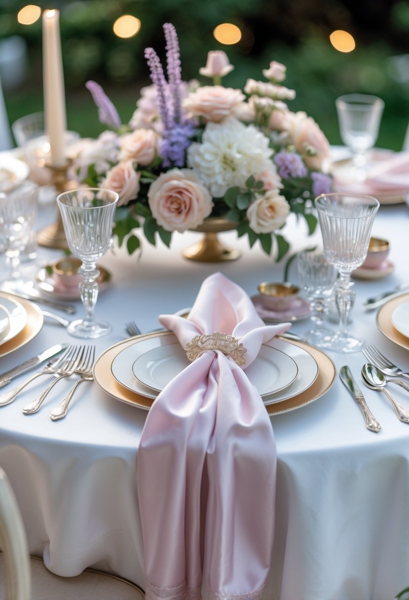 A round wedding table decorated with soft pastel silk napkins, floral centerpieces, and elegant table settings.
