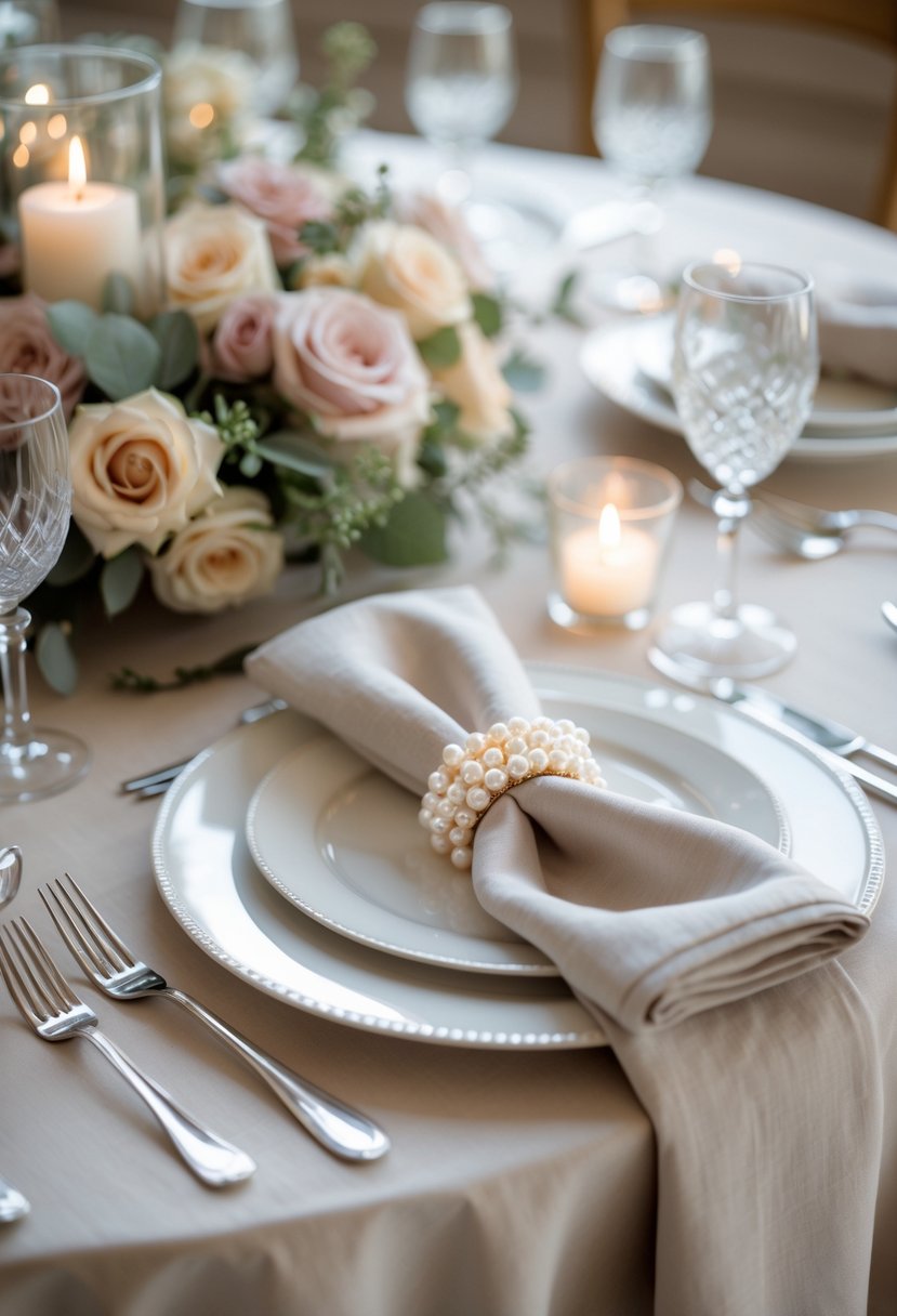 A round wedding table set with pearl-accented napkin rings, white napkins, fine china, silverware, crystal glasses, and floral centerpieces.