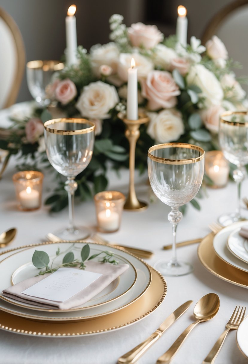 A round wedding table set with gold-rimmed glassware, floral centerpiece, and elegant table decorations.