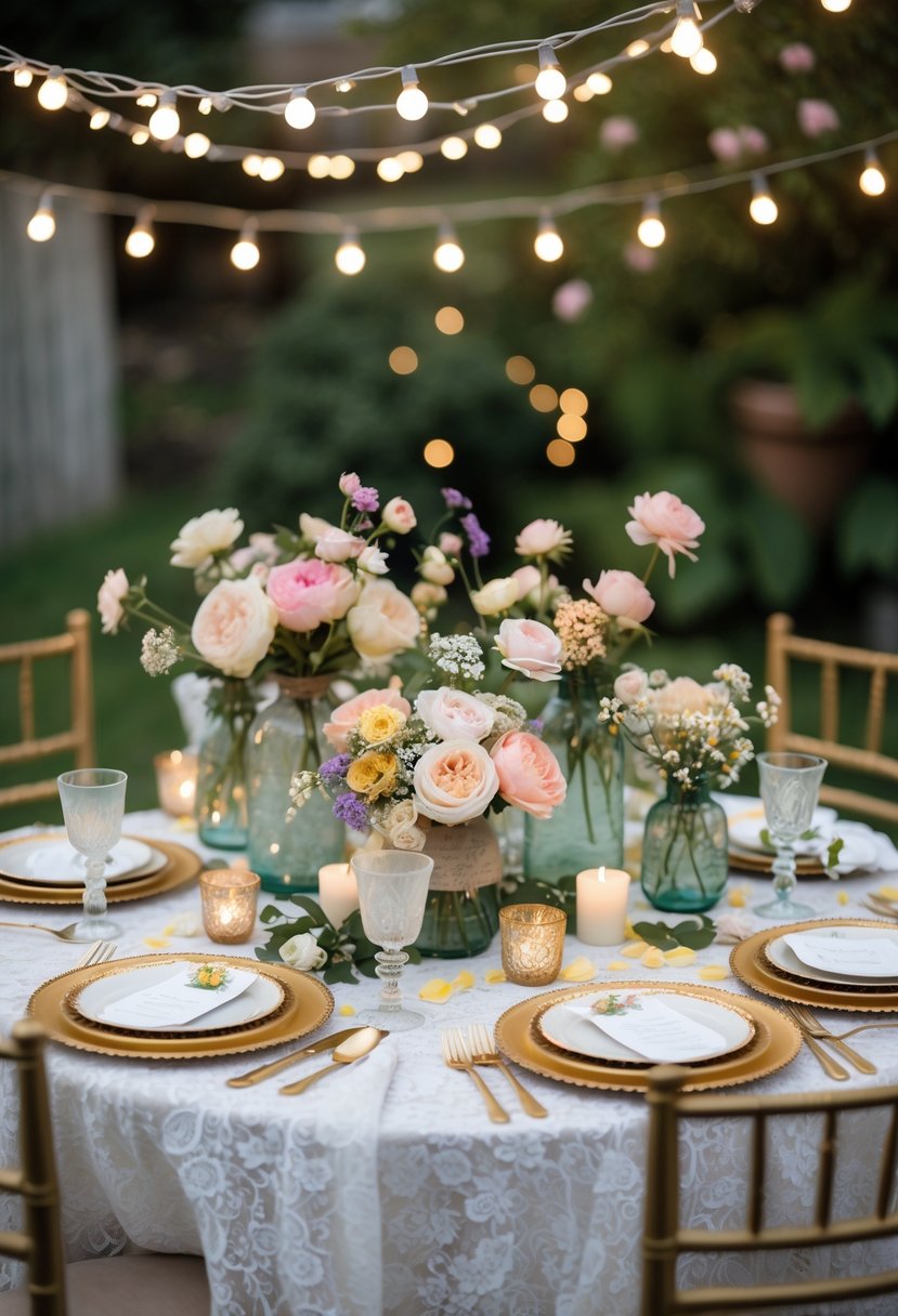 A round wedding table decorated with pastel flowers, candles, and elegant tableware set outdoors in a garden.