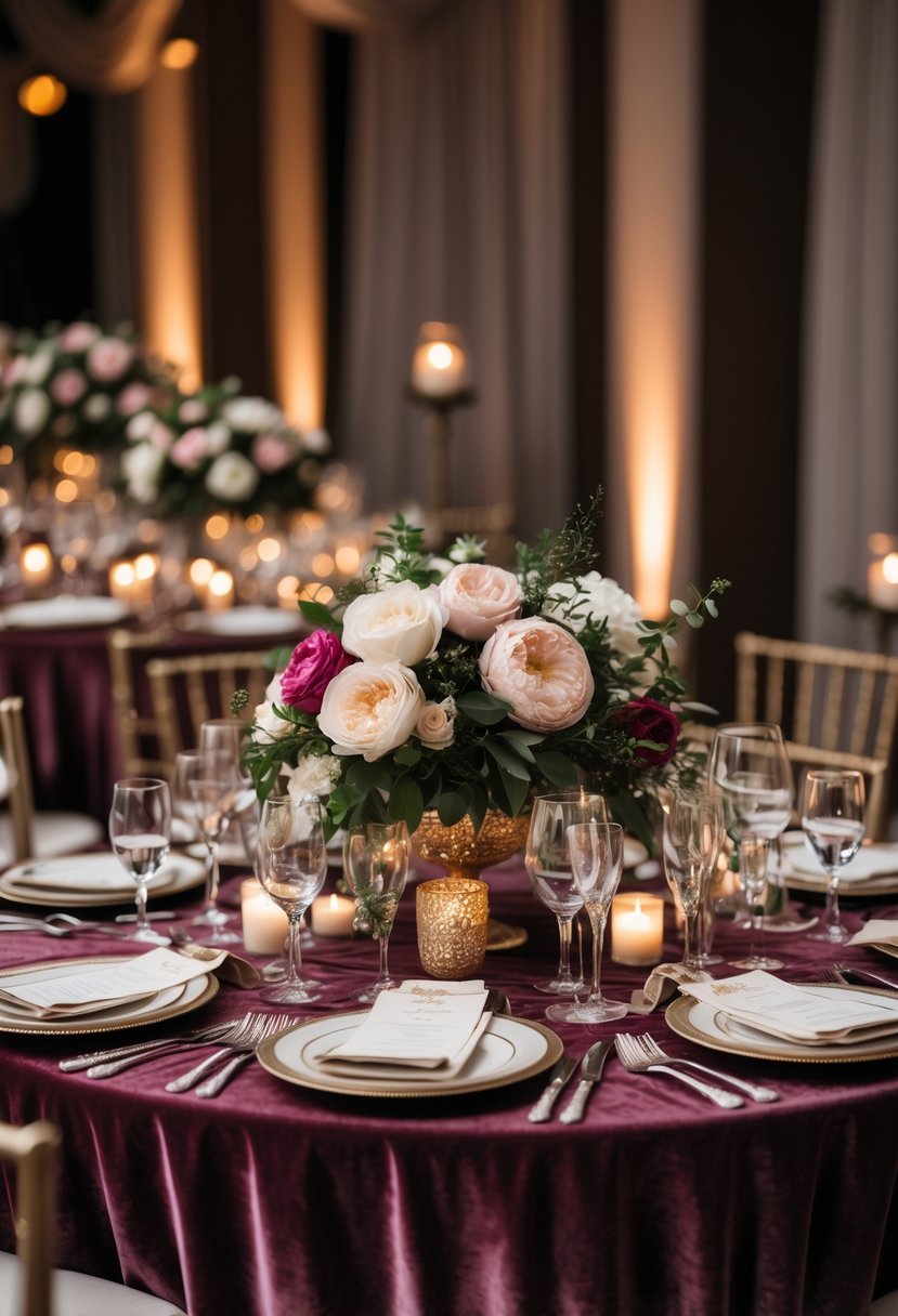 Round wedding table decorated with velvet tablecloth, floral centerpiece, glassware, and fine table settings.