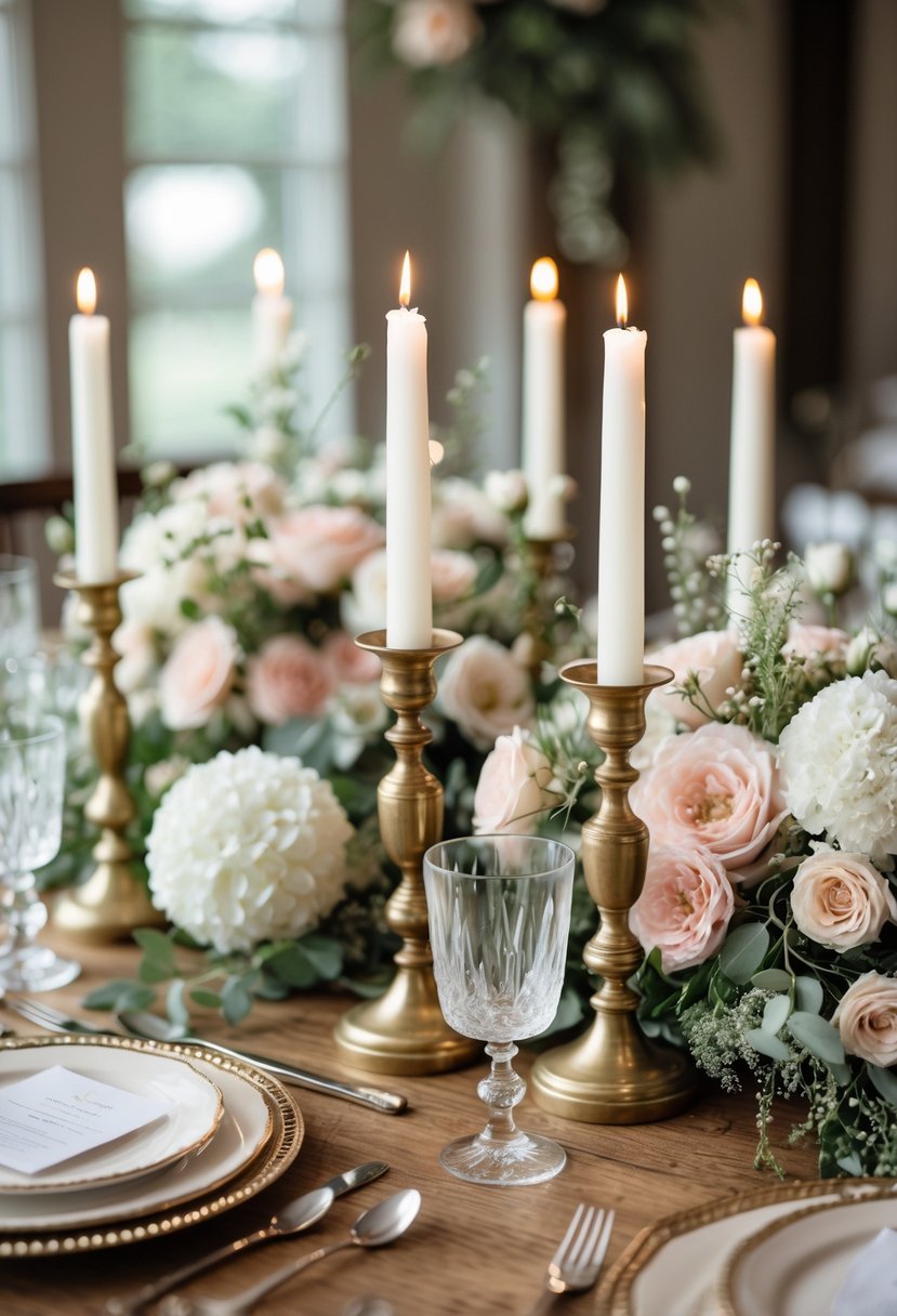 A round wedding table decorated with vintage brass candlesticks holding white candles, surrounded by flowers and elegant tableware.