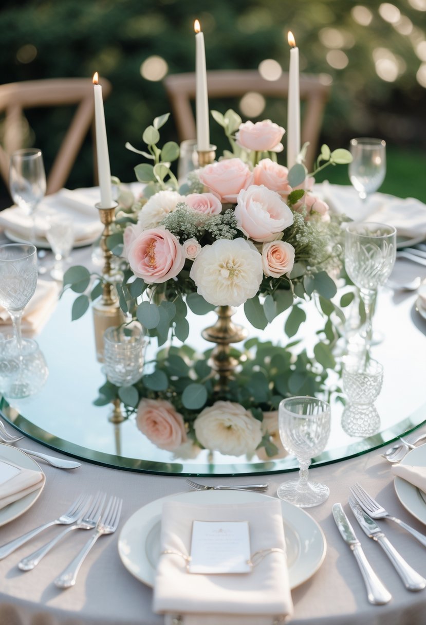 A round wedding table decorated with mirrored overlays, floral centerpieces, candles, and elegant place settings in an outdoor setting.