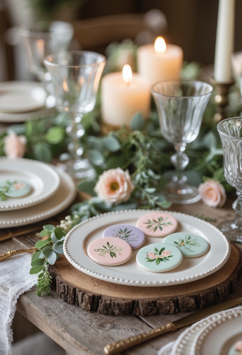 A wedding table decorated with round hand-painted ceramic name tags, candles, glassware, and greenery on a wooden surface.