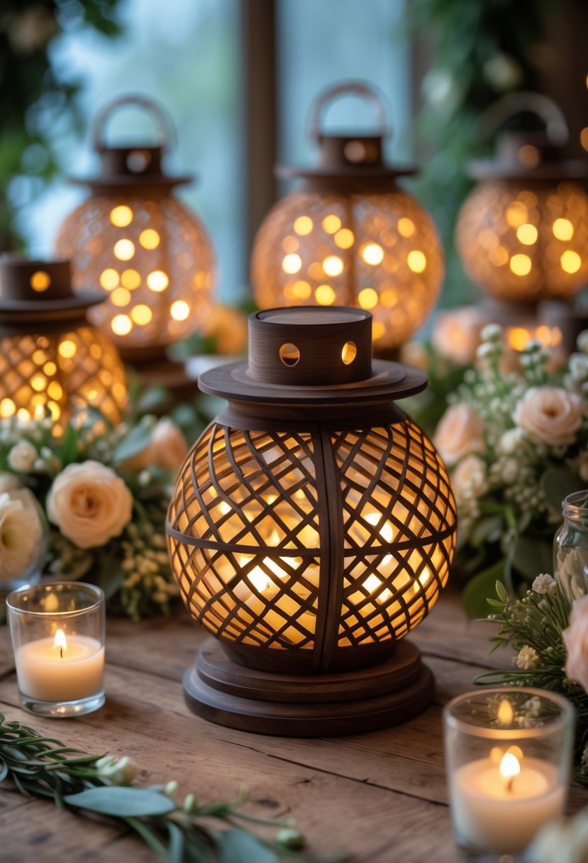 A wedding table decorated with wooden lanterns containing fairy lights, surrounded by flowers and greenery.