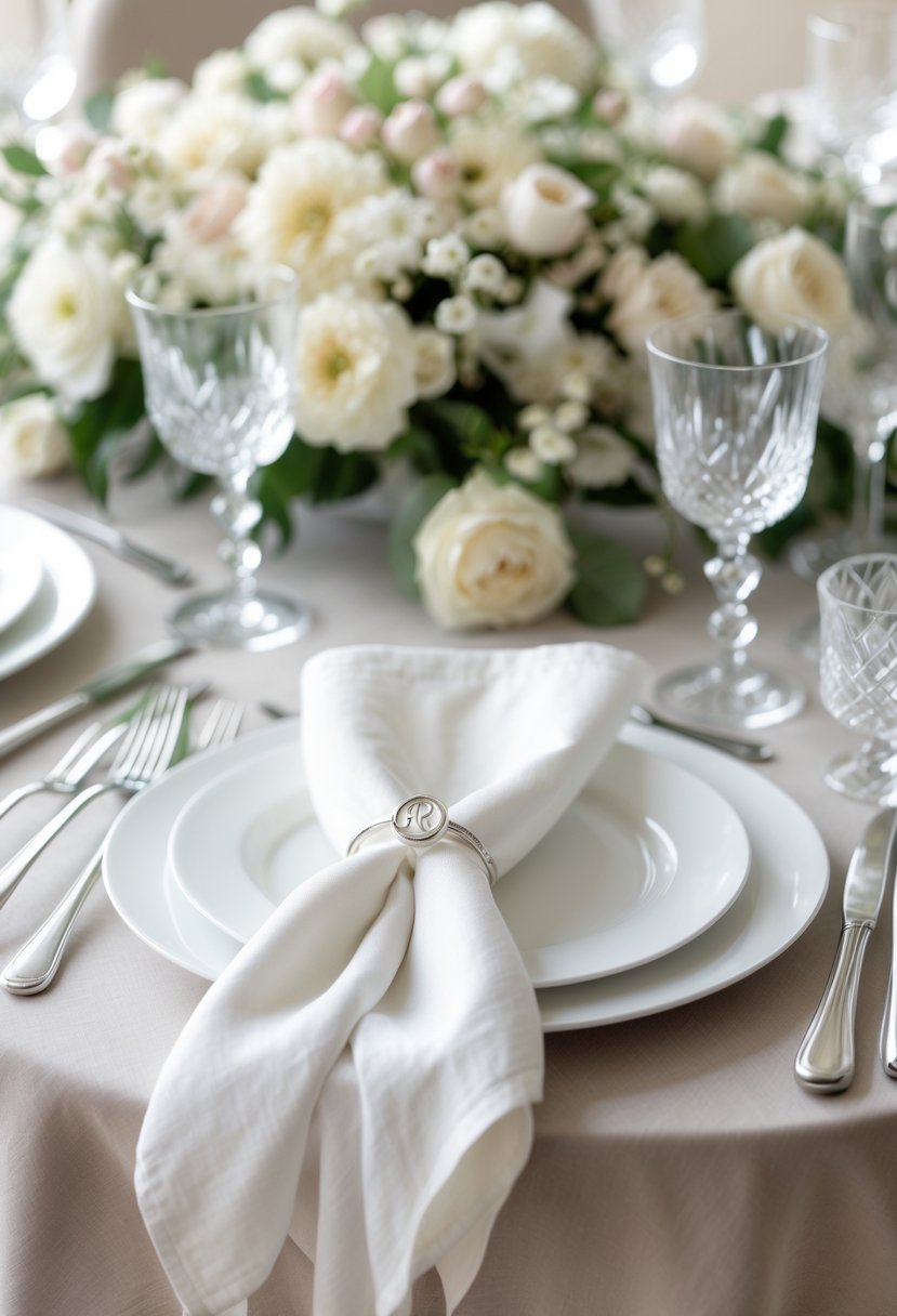 A round wedding table set with white napkins featuring monogrammed rings, white plates, silver cutlery, crystal glasses, and floral centerpieces.